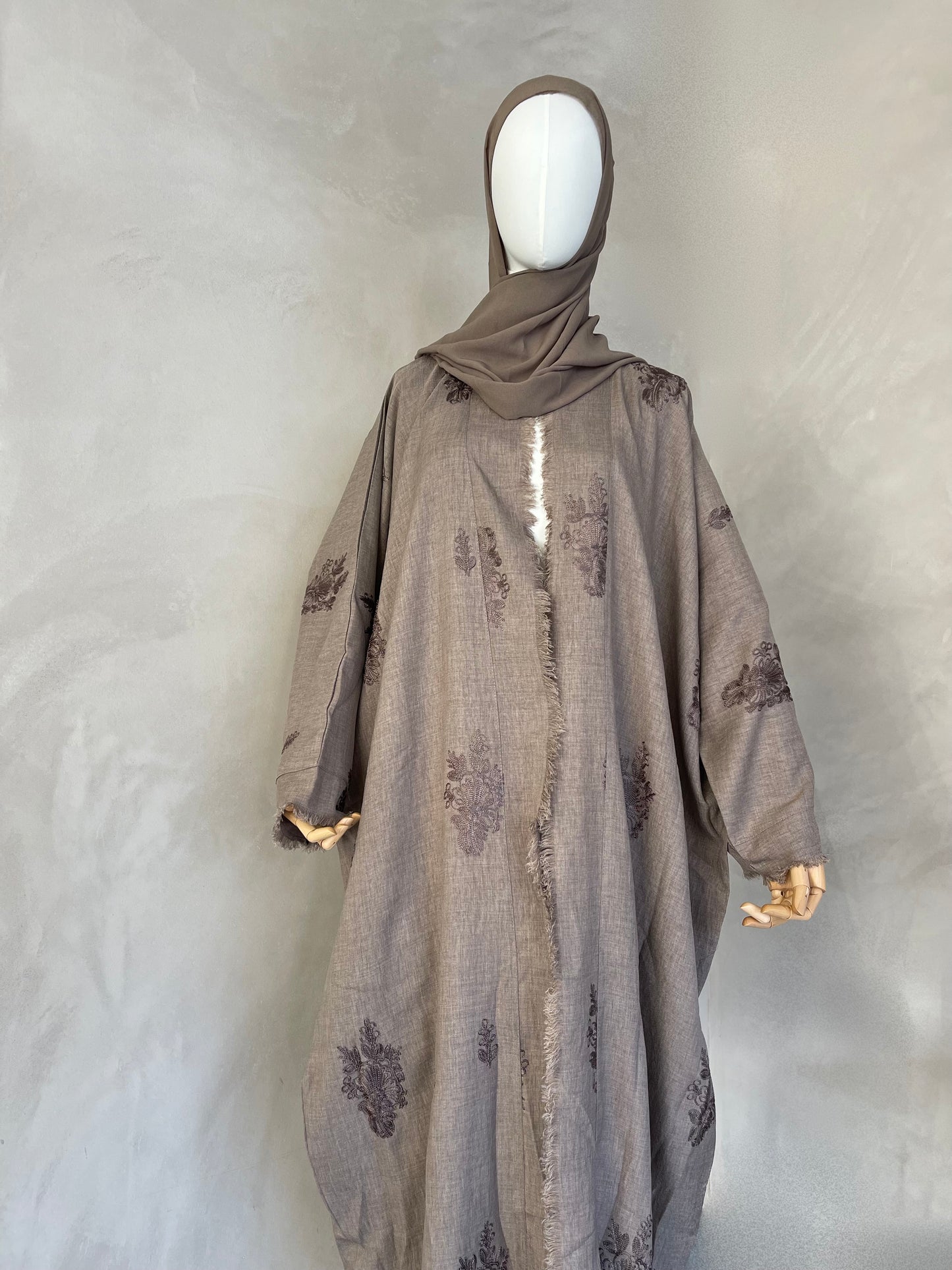 Taupe Emroided Linen Abaya