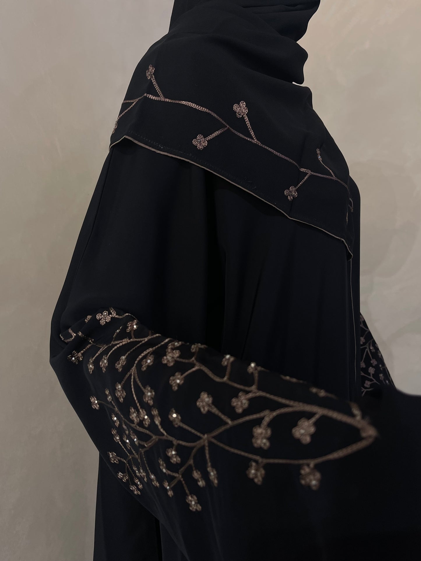 Korean Nida Black Embroidered Open Abaya