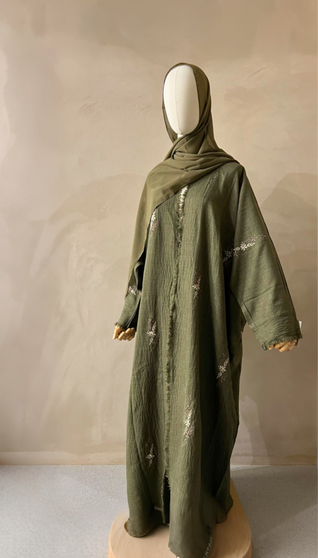 Leaf Green Embroidered linen Open Abaya
