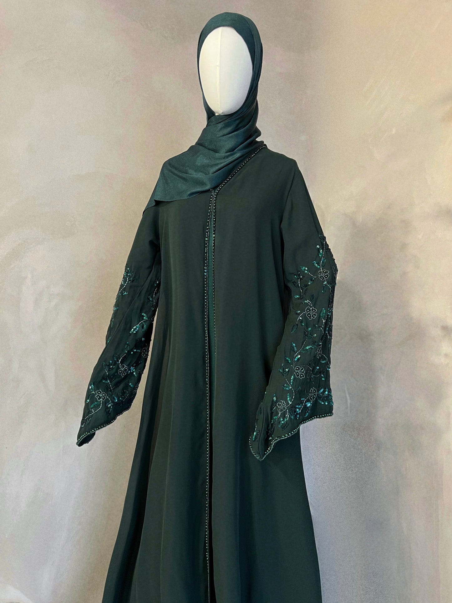 Emerald Floral Embroidery Open Abaya