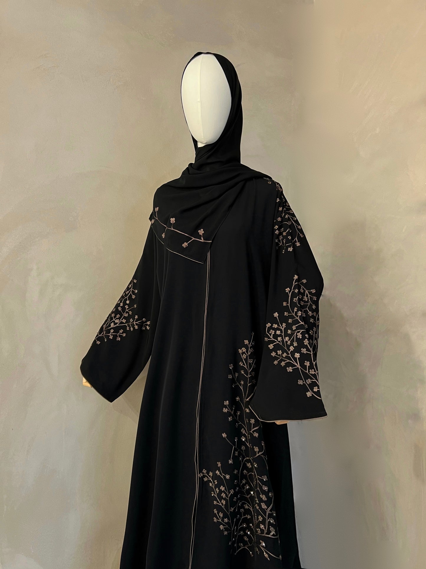 Korean Nida Black Embroidered Open Abaya