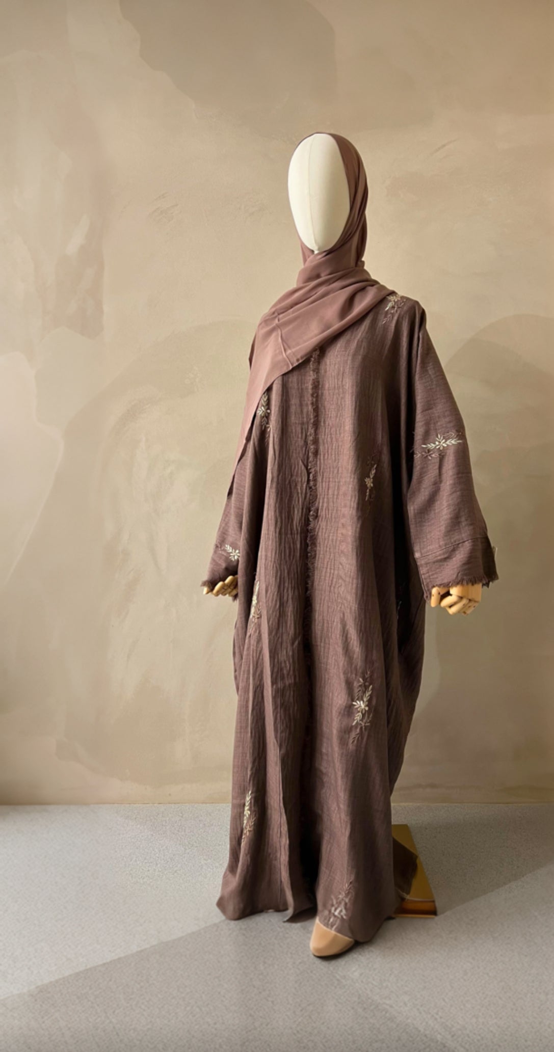 Chestnut Embroidered linen Open Abaya